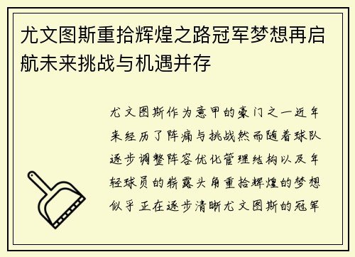 尤文图斯重拾辉煌之路冠军梦想再启航未来挑战与机遇并存