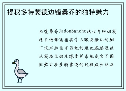 揭秘多特蒙德边锋桑乔的独特魅力